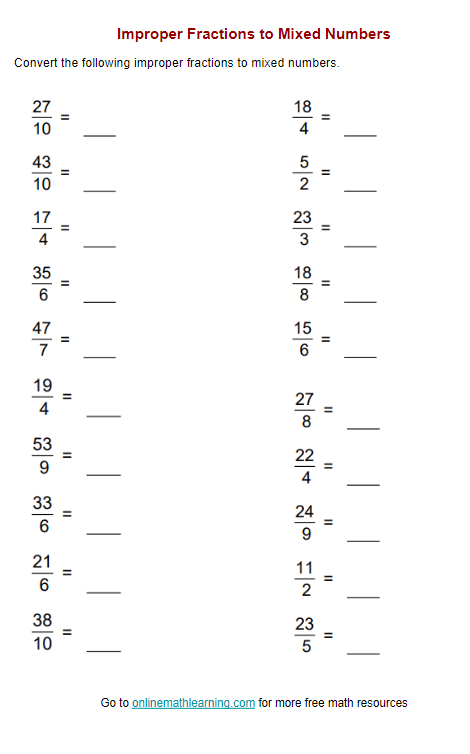 Improper Fractions to Mixed Numbers Worksheet (examples, answers ...