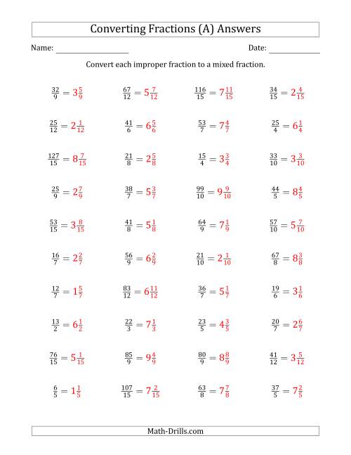 Converting Improper Fractions to Mixed Fractions (A)