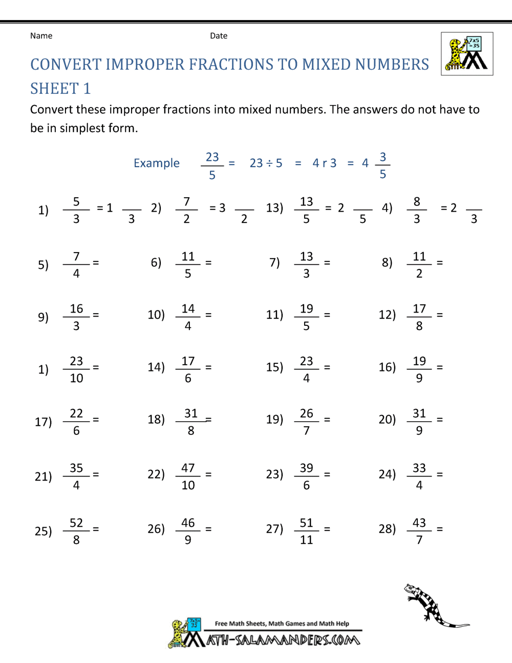 improper fractions to mixed numbers free worksheet