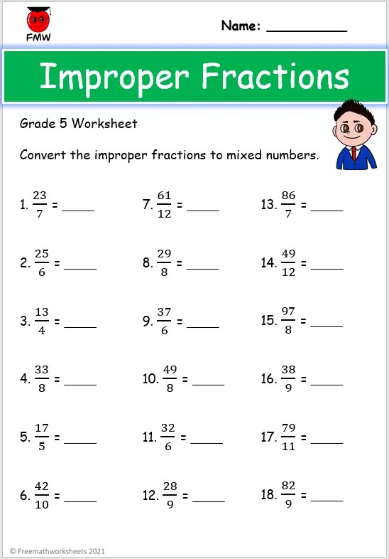 improper fractions to mixed numbers free worksheet
