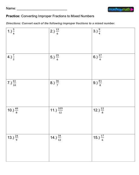 improper fractions to mixed numbers free worksheet