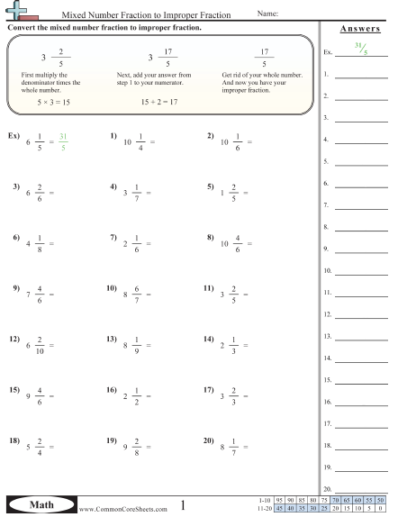 improper fractions to mixed numbers free worksheet