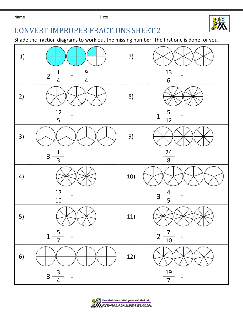 improper fractions to mixed numbers worksheet 5th grade