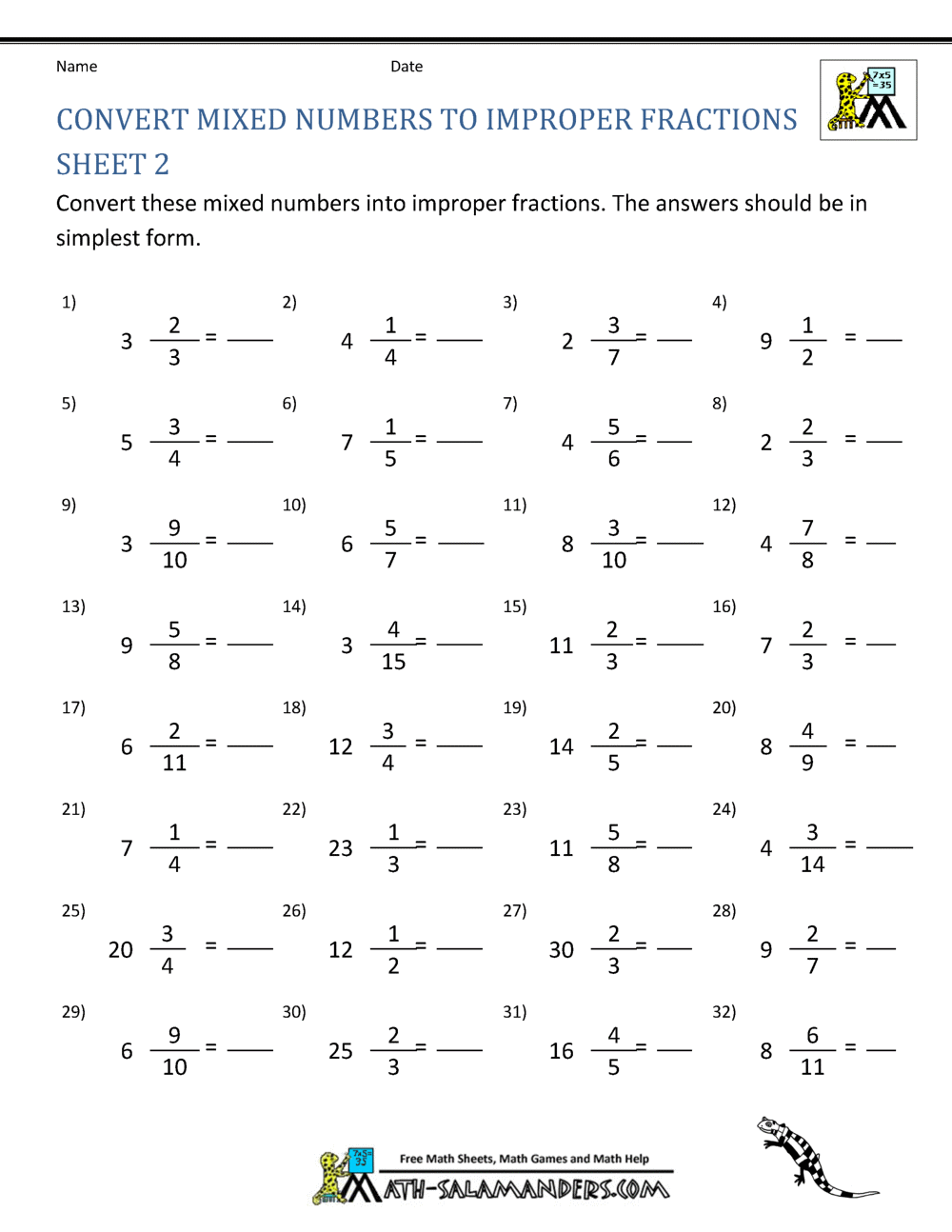 improper fractions to mixed numbers worksheet pdf