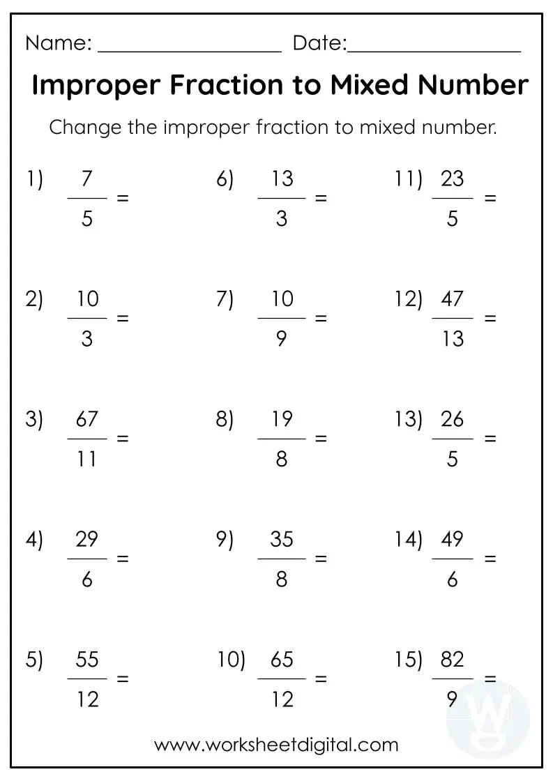 Improper Fraction to Mixed Number - Worksheet Digital