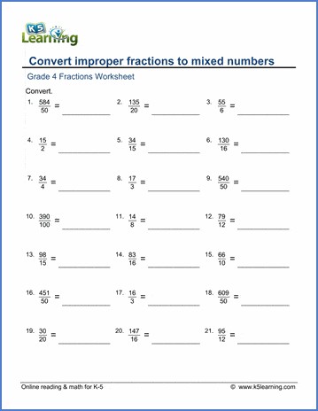 Improper fractions to mixed numbers worksheets | Worsheets library