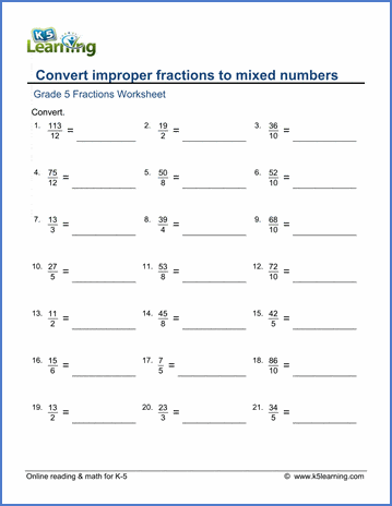 Convert improper fractions to mixed numbers worksheets | Worsheets library