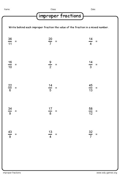 Improper fraction worksheet | Free Printable Worksheets