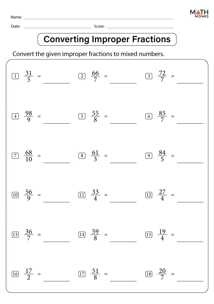 Improper Fractions Worksheets - Math Monks