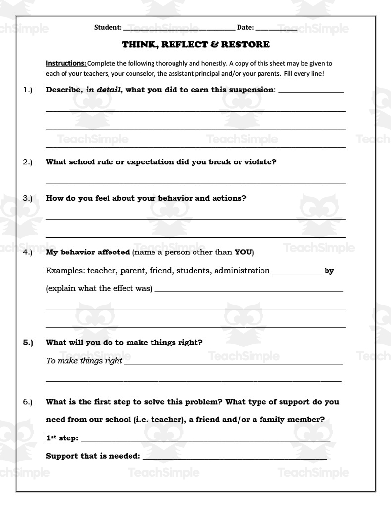 Free in school suspension worksheet, Download Free in school suspension