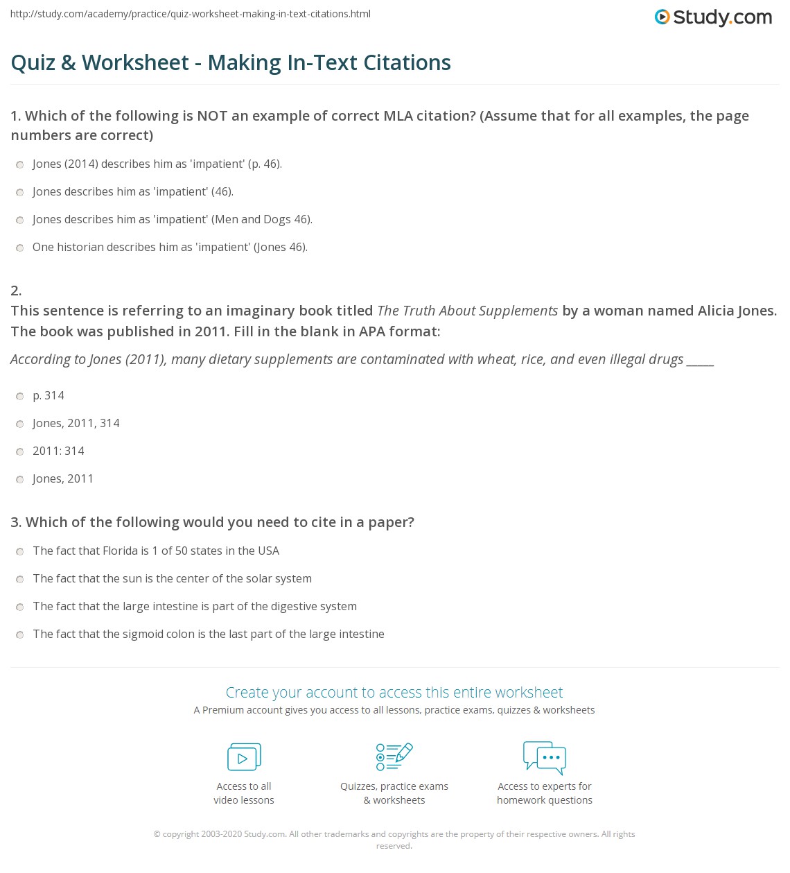 in text citations worksheet answers