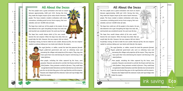 Fifth Grade All About the Incas Reading Comprehension Activity