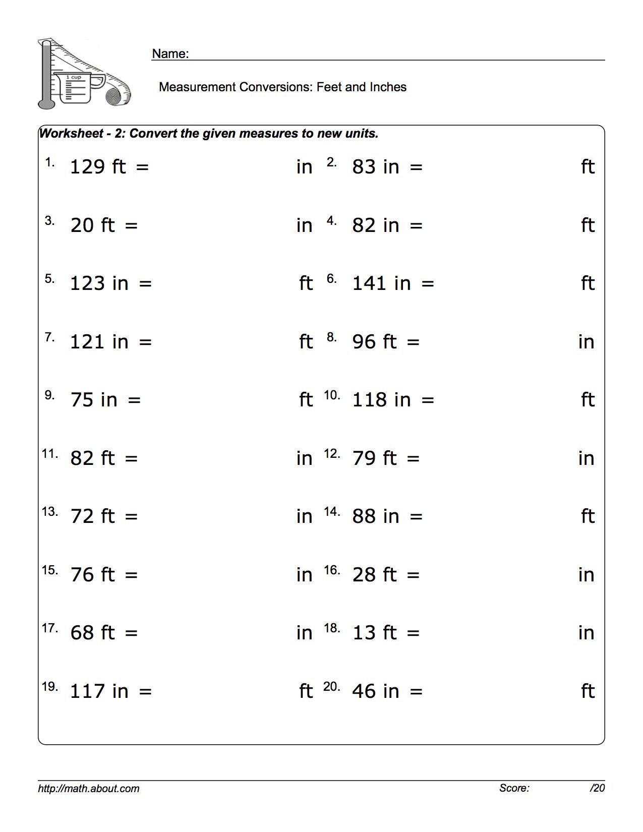 inches to feet worksheet
