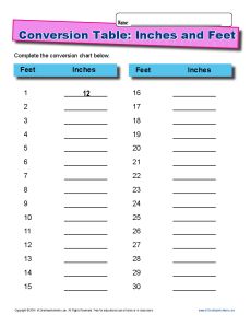 inches to feet worksheet