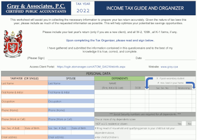 income tax organizer worksheet