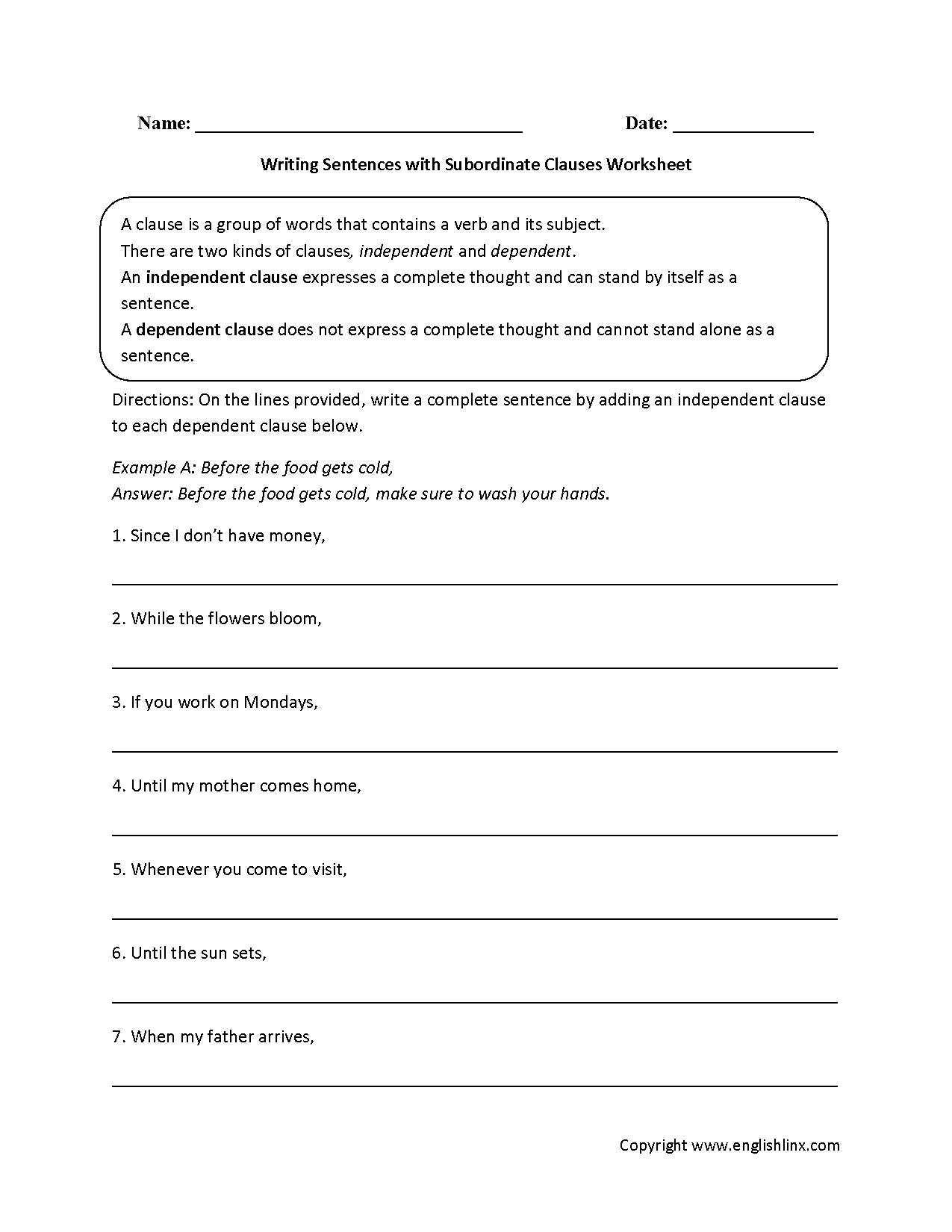 independent and dependent clauses worksheet 5th grade