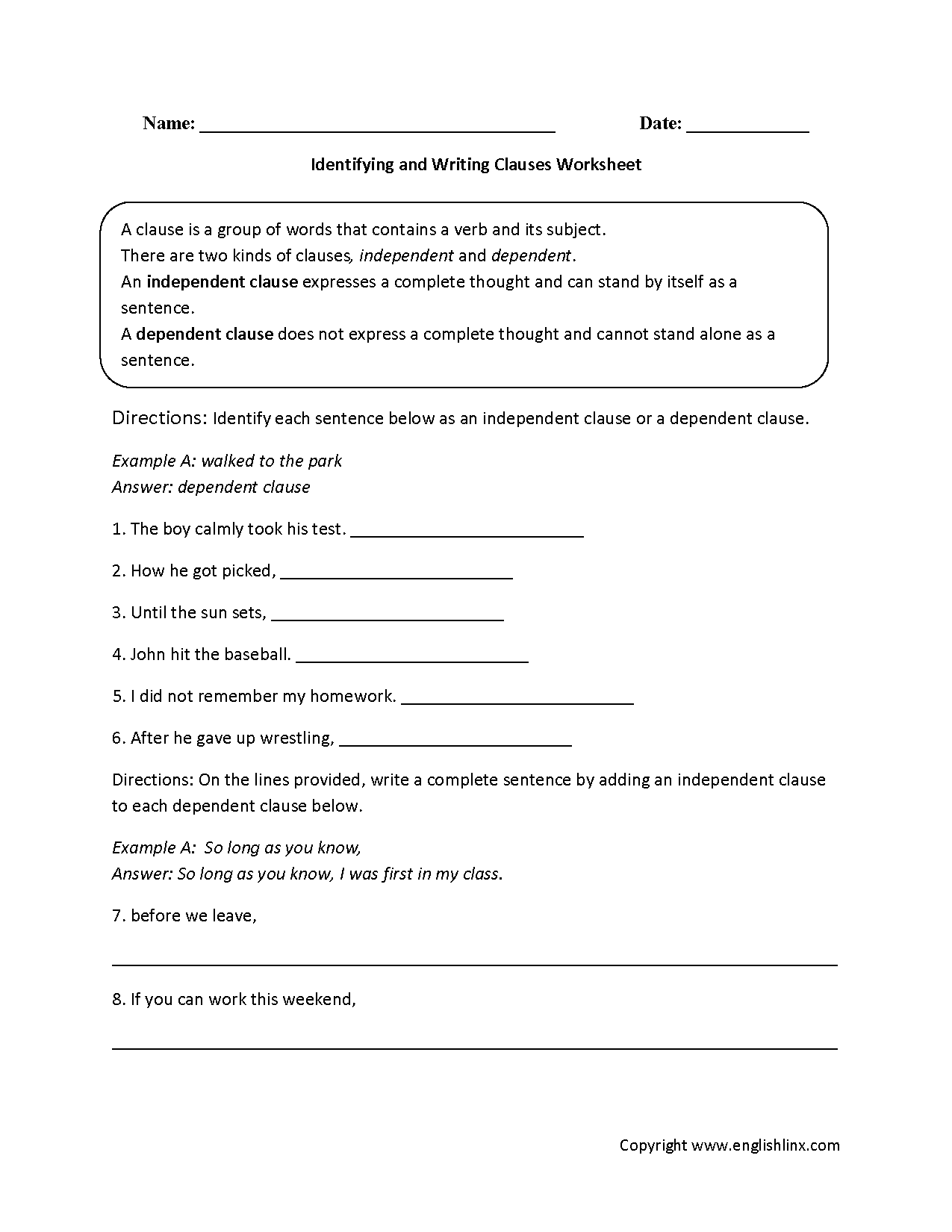 independent and dependent clauses worksheet 5th grade