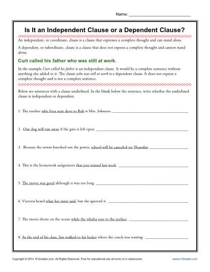 independent and dependent clauses worksheet