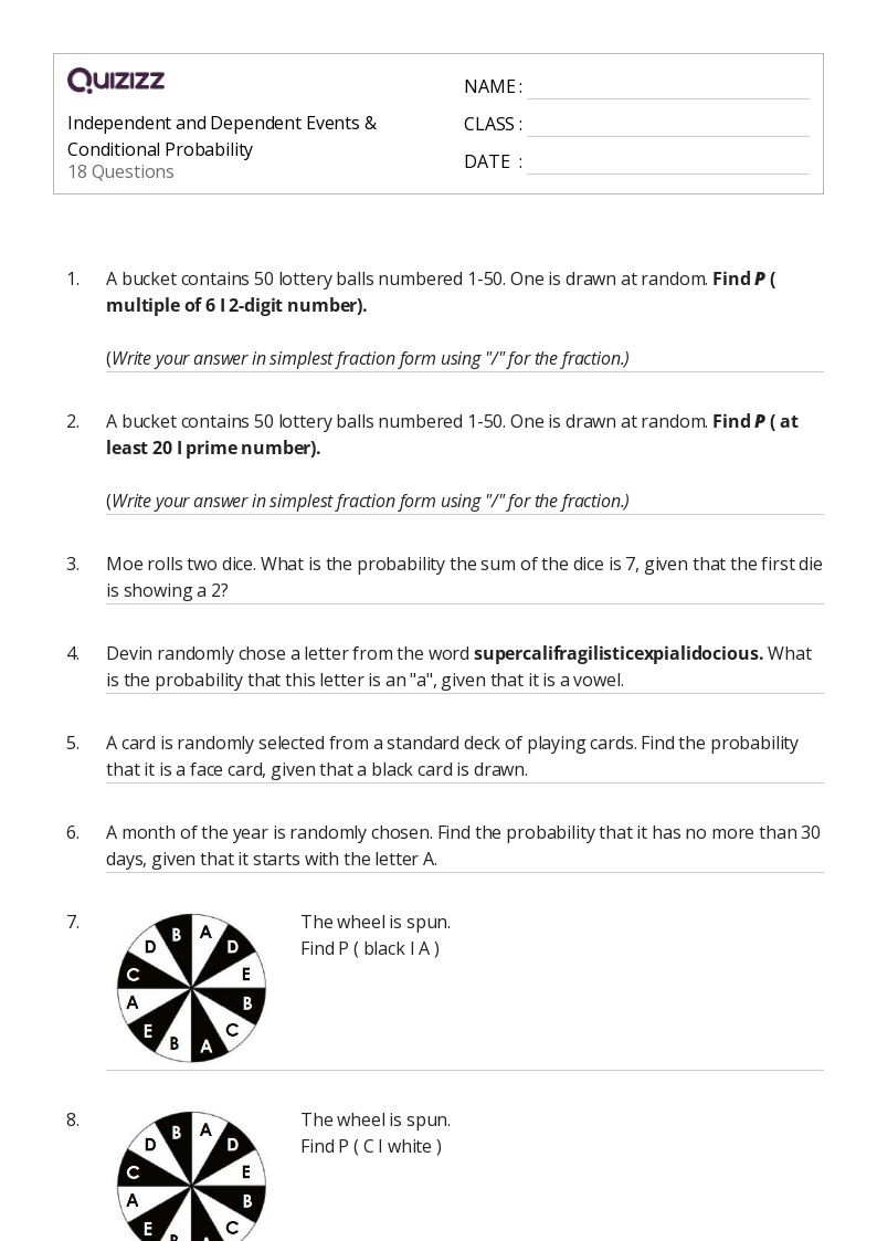 independent and dependent events worksheet