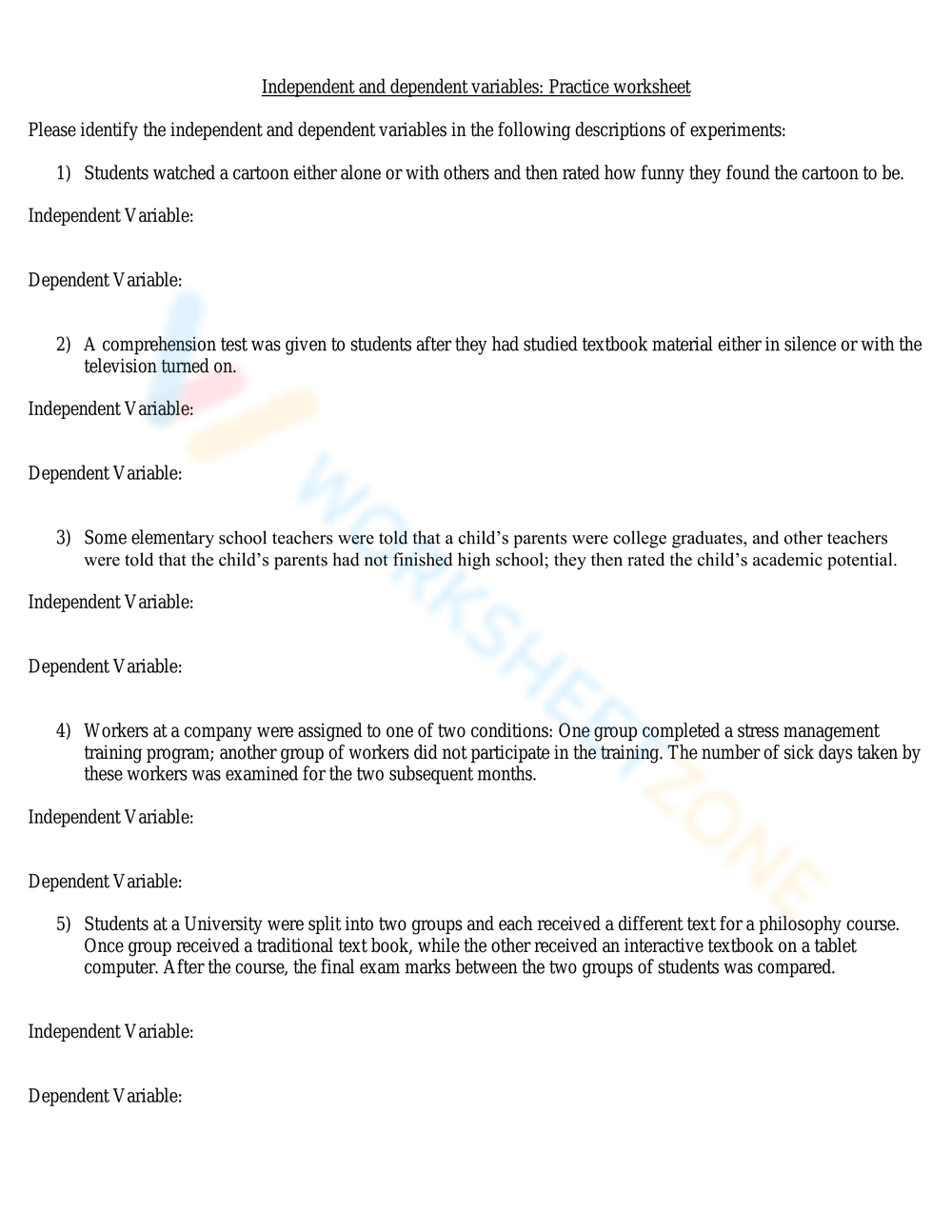 independent and dependent variable practice worksheet