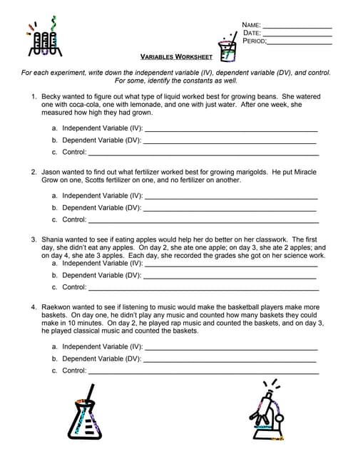 independent and dependent variables in math worksheet