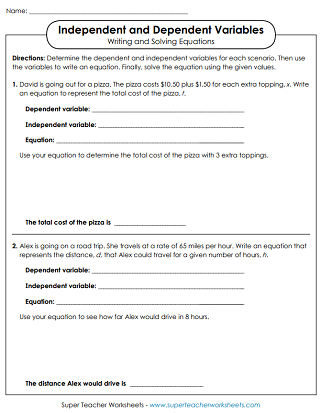 independent and dependent variables in math worksheet