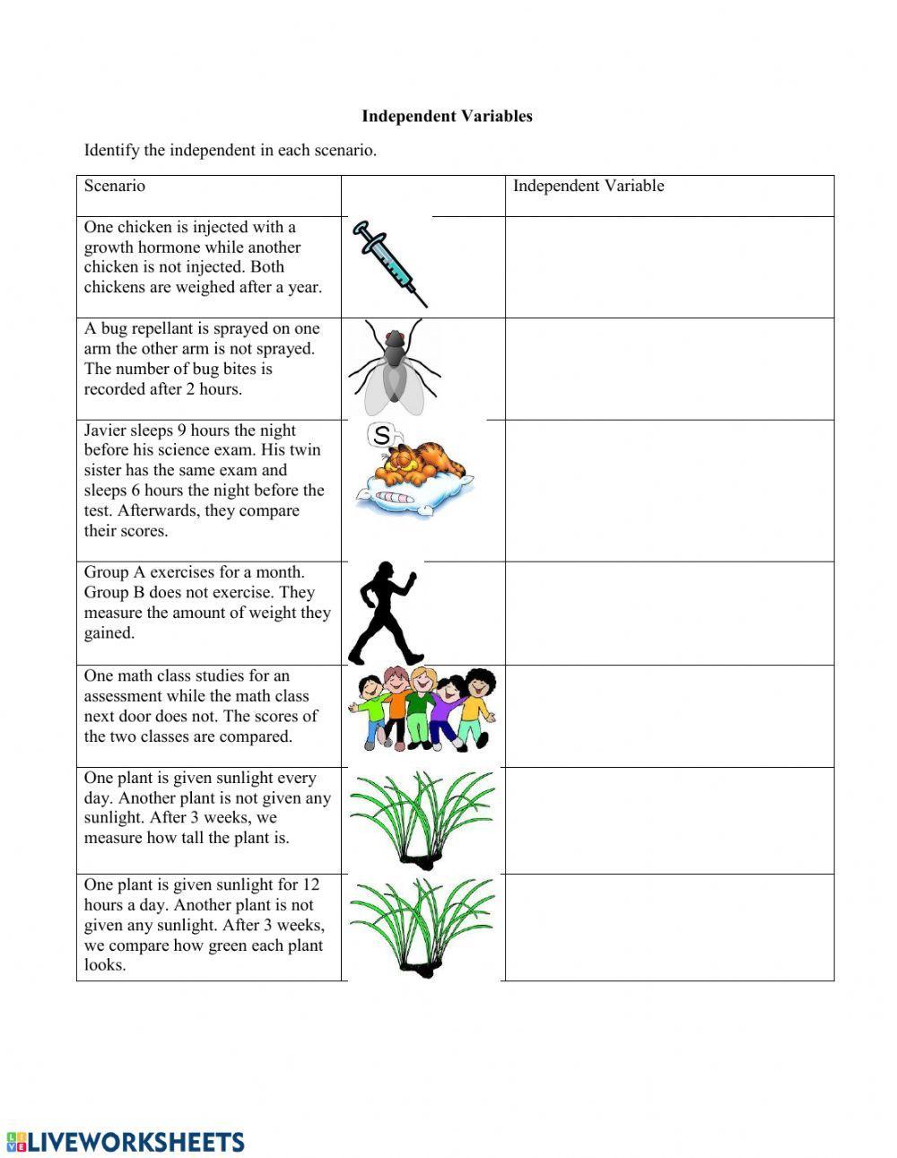 independent and dependent variables in math worksheet