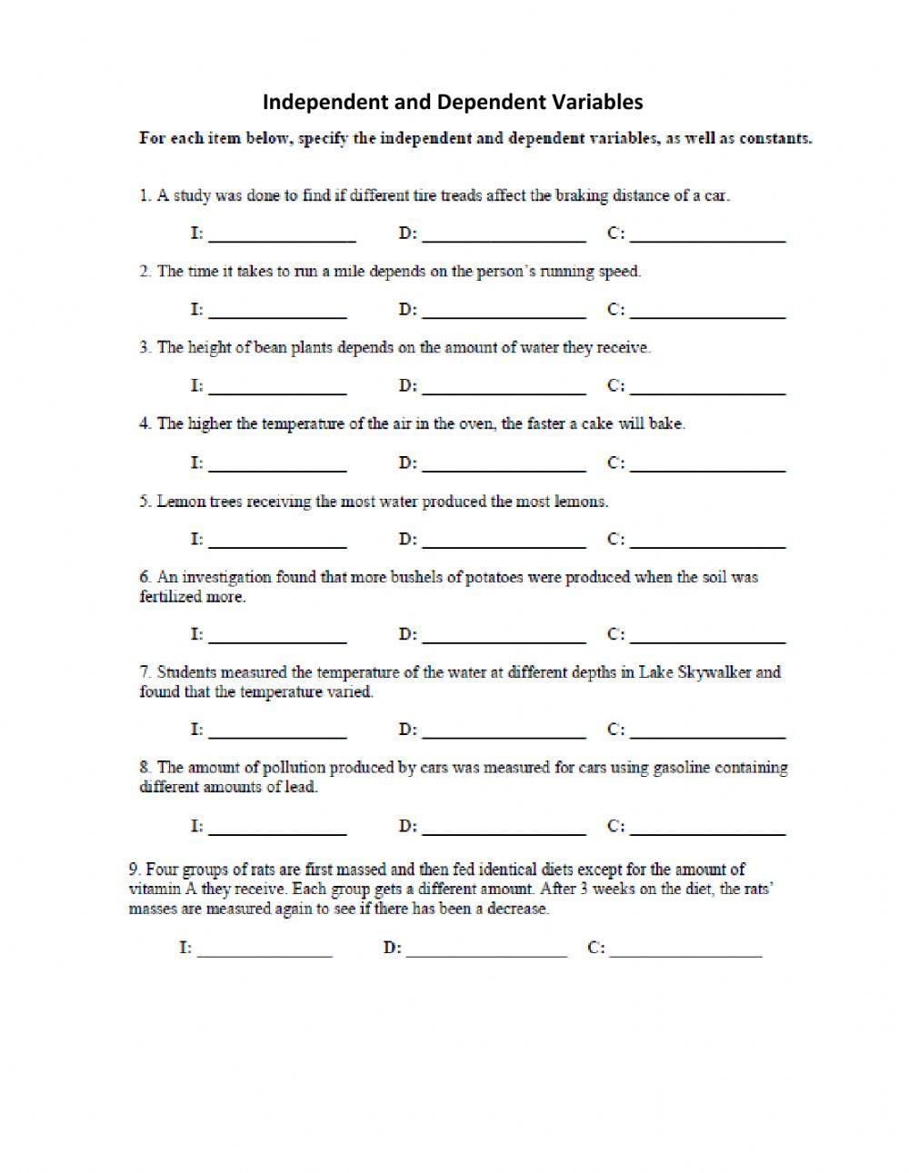 independent and dependent variables in math worksheet