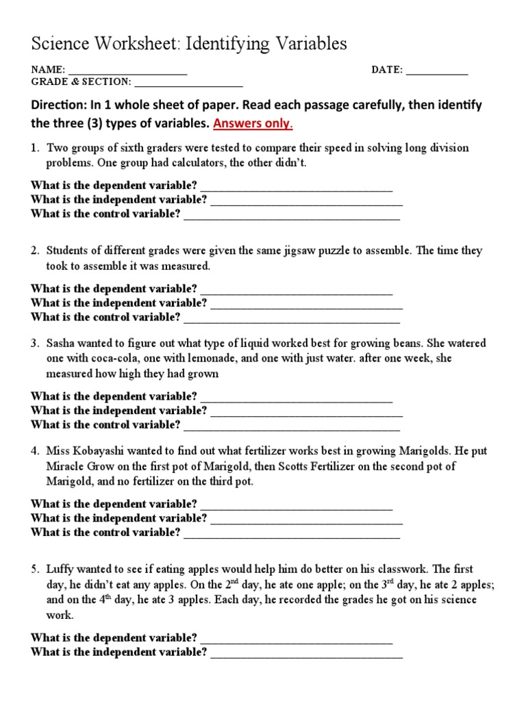 independent and dependent variables math worksheet with answer key