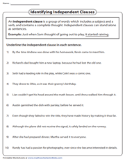 independent clause and dependent clause worksheet