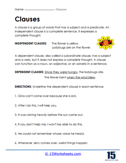 independent clause and dependent clause worksheet
