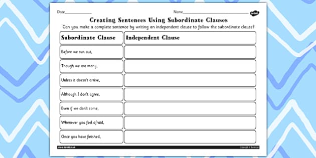independent clause and dependent clause worksheet