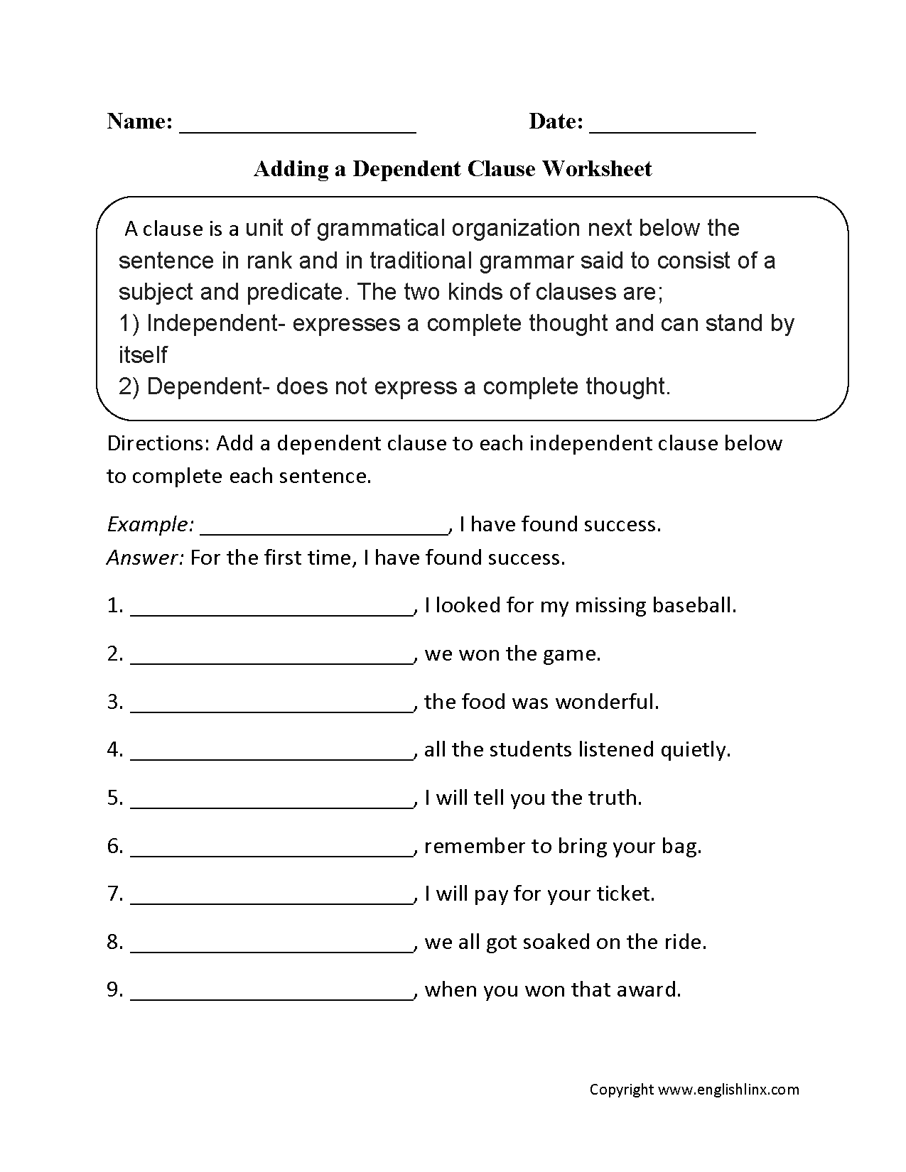 worksheets library | Clauses Worksheets