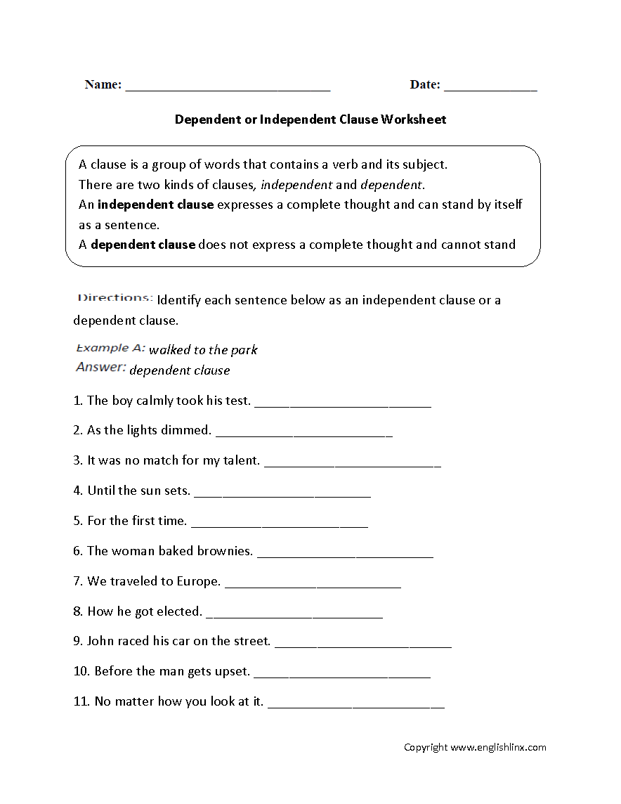 independent vs dependent clause worksheet