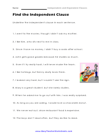independent vs dependent clause worksheet