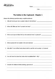 English worksheets: The Indian in the Cupboard comprehension questions