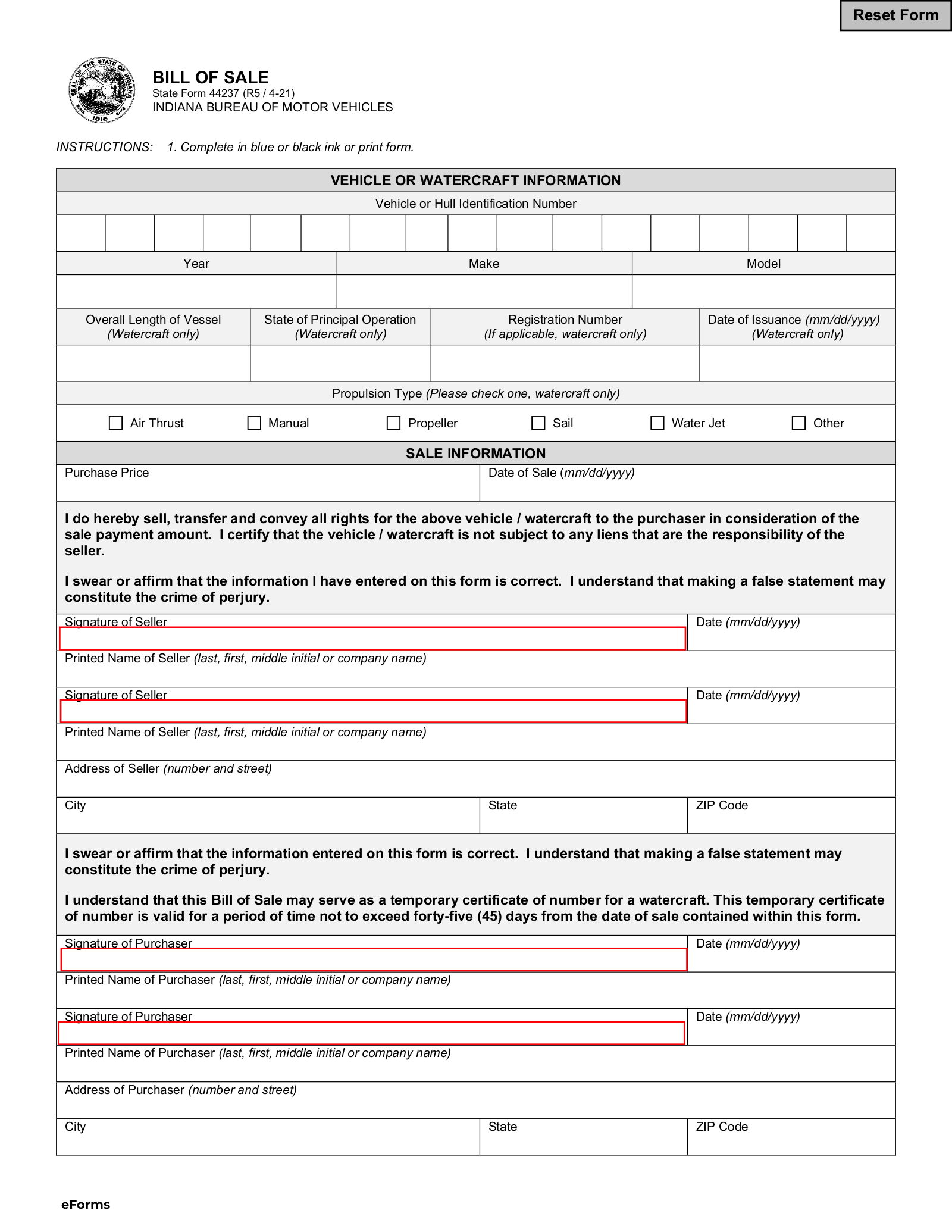 indiana bmv printable bill of sale