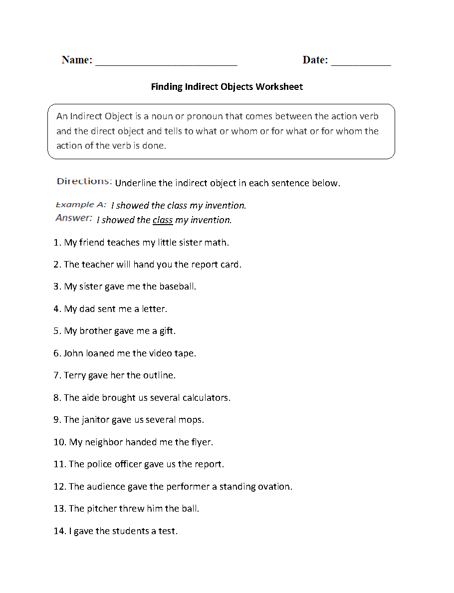 Parts of a Sentence Worksheets | Direct and Indirect Objects ...