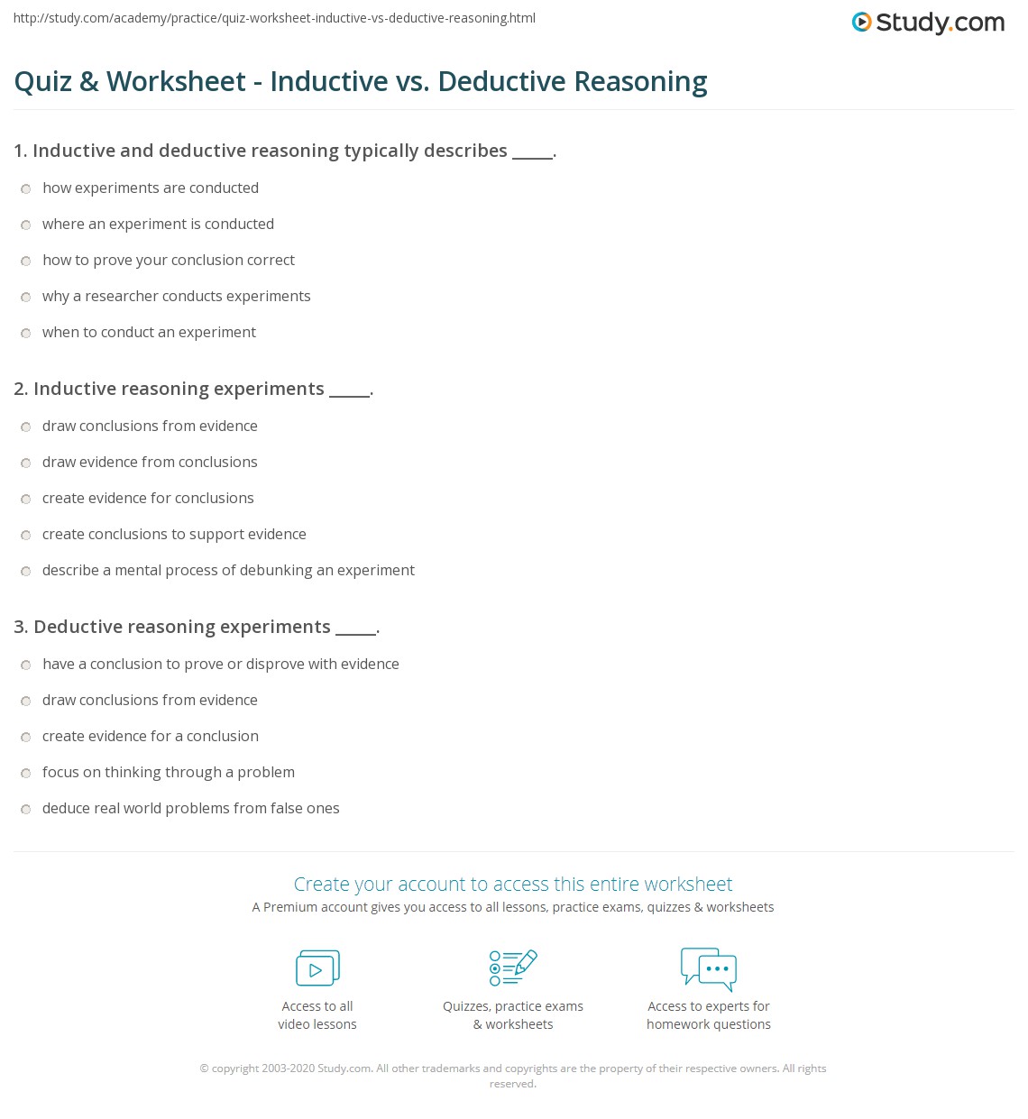 Quiz &  Worksheet - Inductive vs. Deductive Reasoning | Study.com