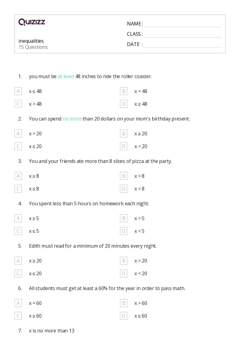 50+ Inequalities worksheets for 6th Grade on Quizizz | Free ...