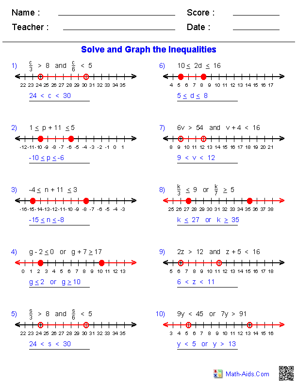 inequalities worksheet algebra 1