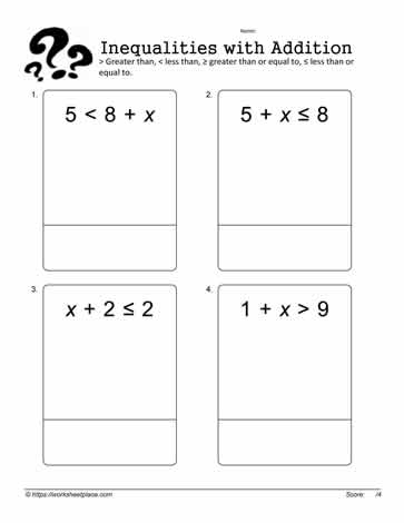 Inequality with Addition Worksheets