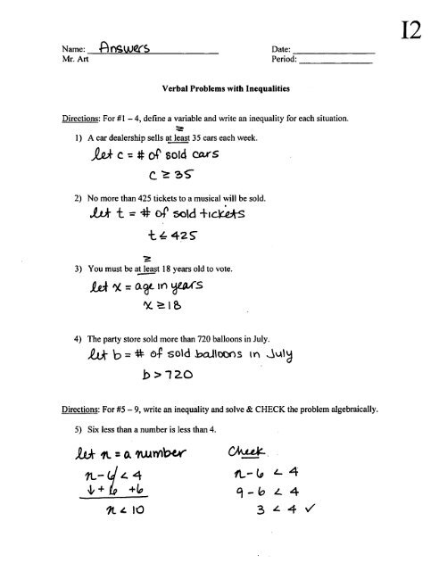 Verbal Problems with Inequalities Worksheet - I2 - Answers.pdf