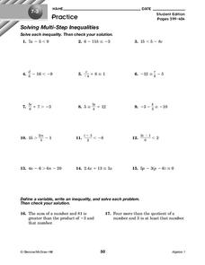 Multi-Step Inequalities Worksheet for 8th - 9th Grade | Lesson Planet