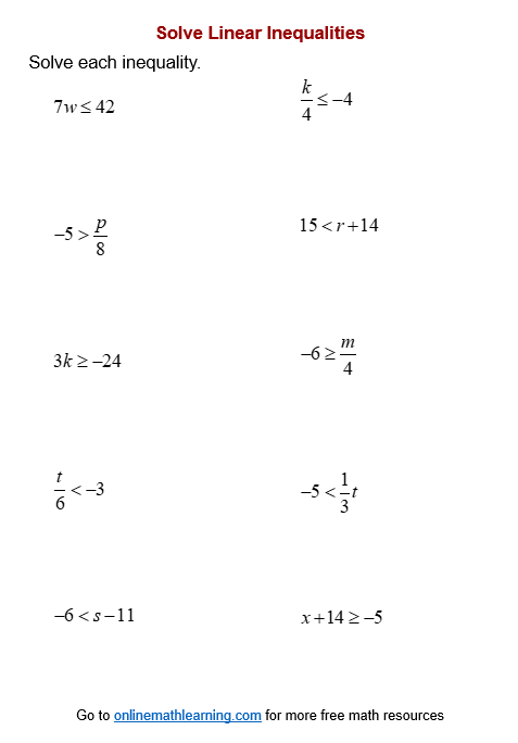 One-Step Inequality Worksheets (printable, online, answers, examples)
