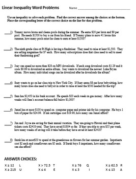 inequality story problems worksheet