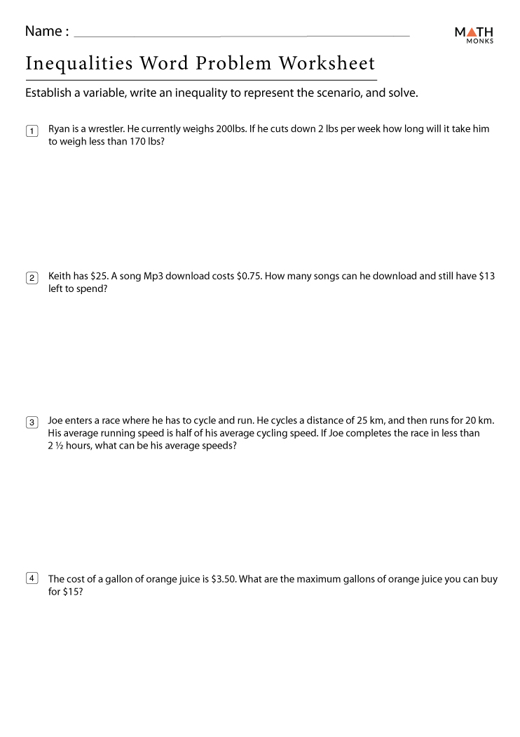 Writing Inequalities Worksheets with Answer Key