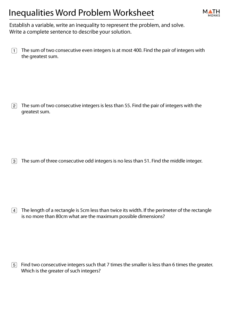 Inequality Word Problems Worksheets with Answer Key