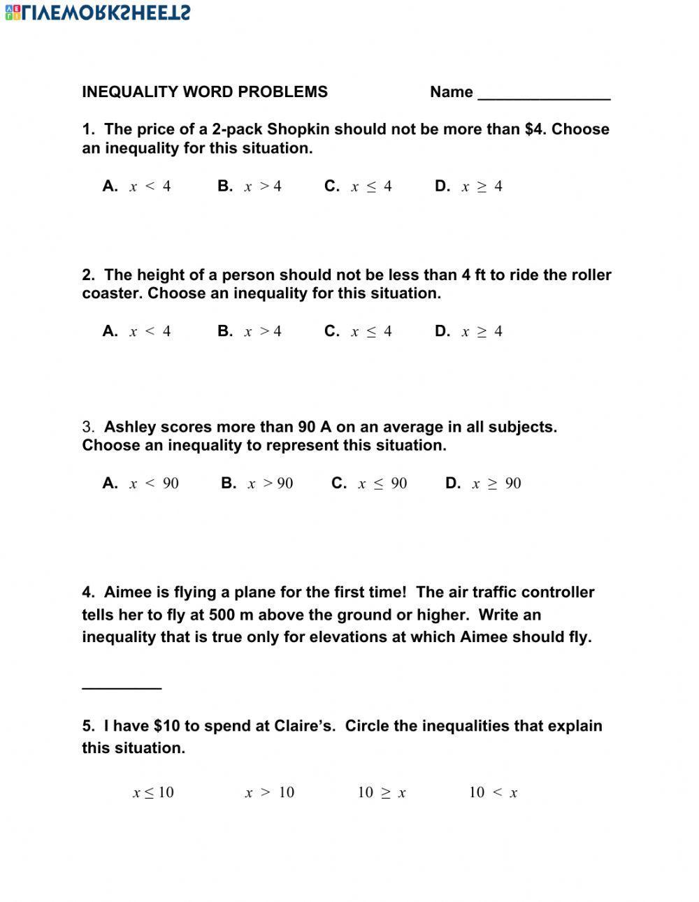 inequality word problems worksheet with answers
