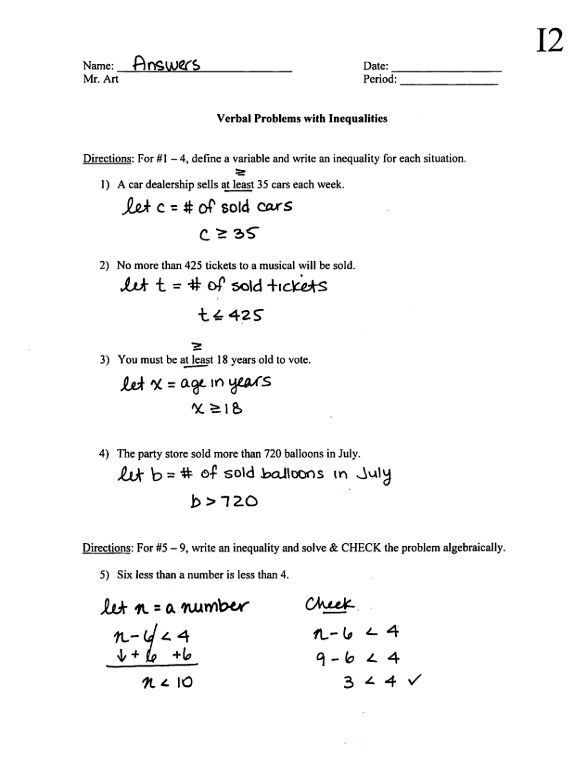 inequality worksheet with answers